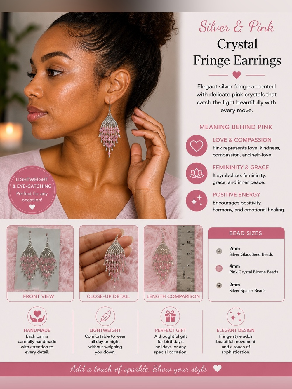 Silver & Pink Crystal Fringe Earrings